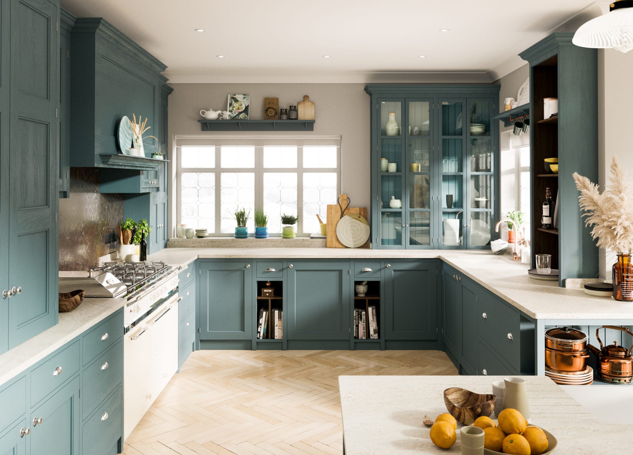 3D Render showing a blue kitchen